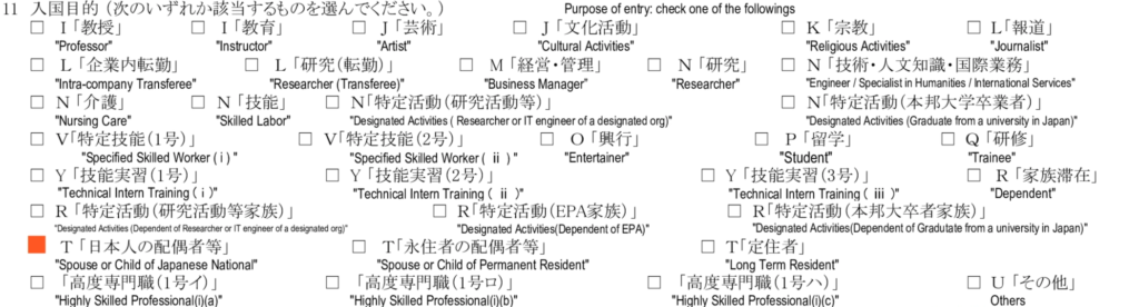 配偶者ビザの在留資格認定証明書交付申請書の記入例 - １１. 申請人の入国目的