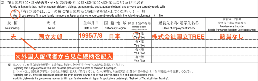配偶者ビザの在留資格認定証明書交付申請書の記入例 - ２１. 在日親族及び同居者
